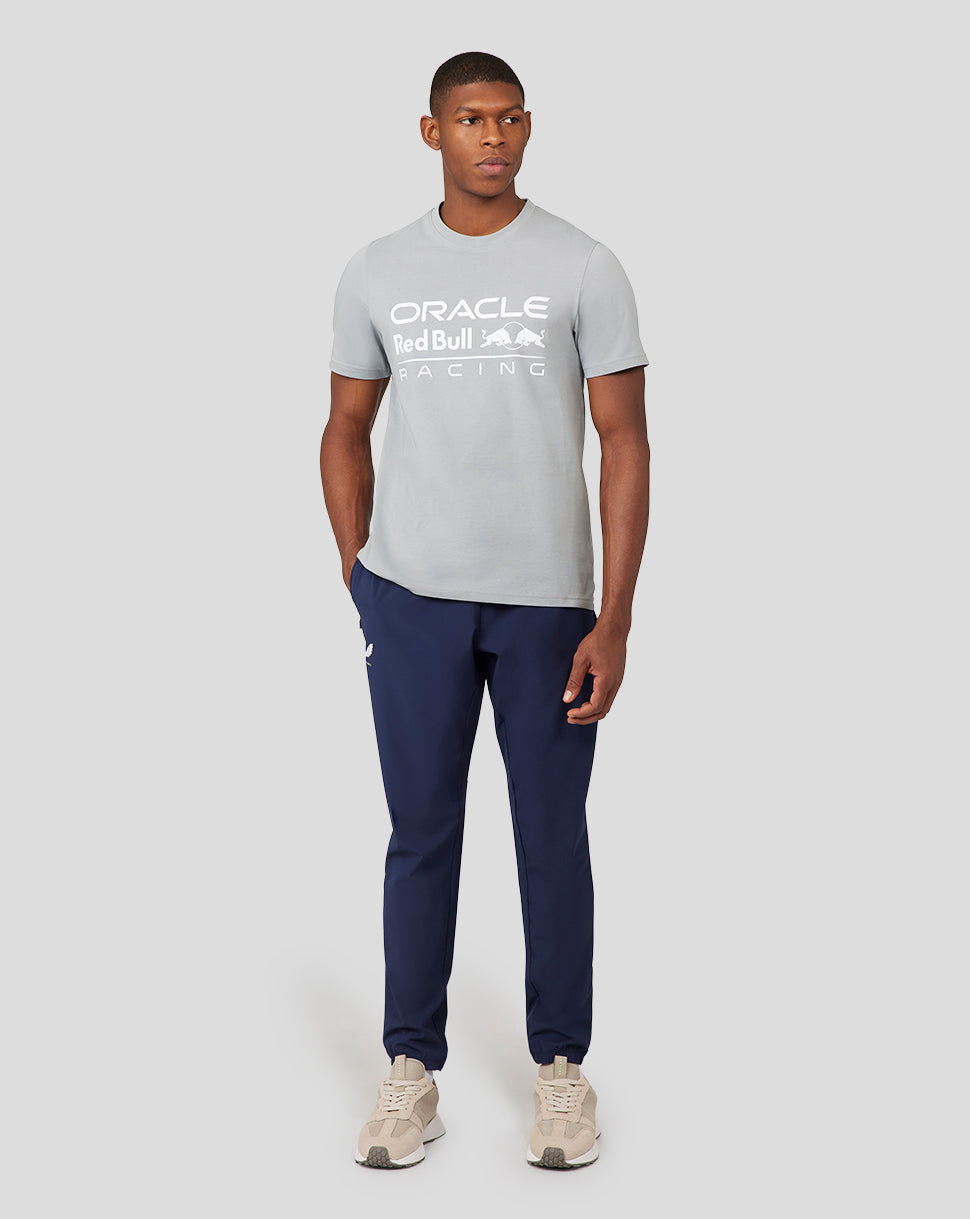 Unisex light grey Oracle Red Bull Racing T shirt with a large white logo on the chest worn by a model