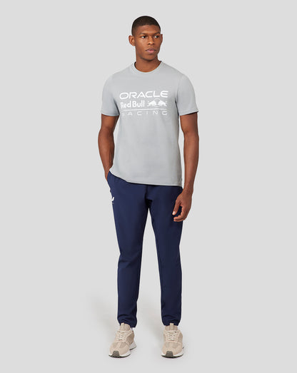 Unisex light grey Oracle Red Bull Racing T shirt with a large white logo on the chest worn by a model