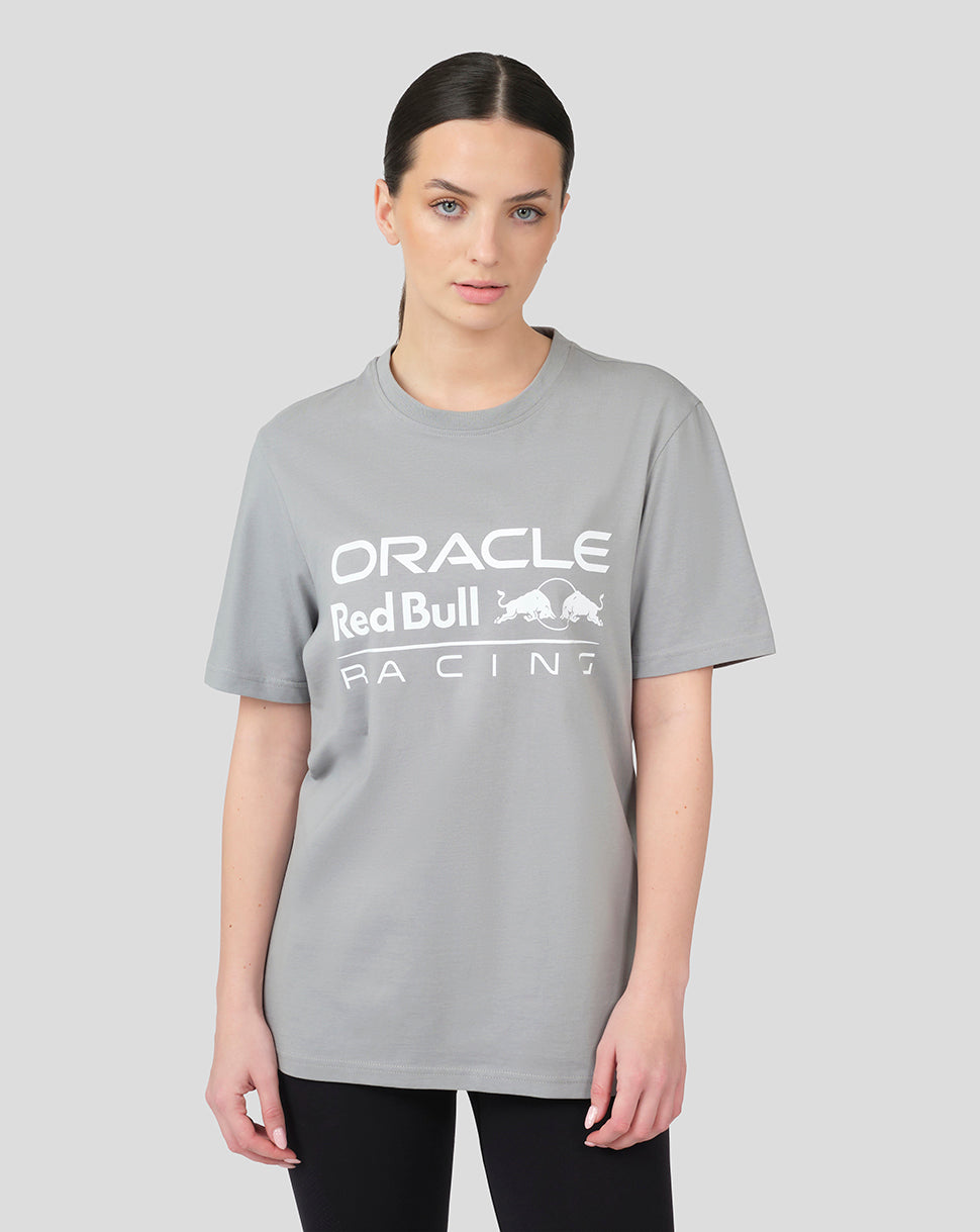 Model wearing light grey Oracle Red Bull Racing large front logo T shirt with white branding on the chest