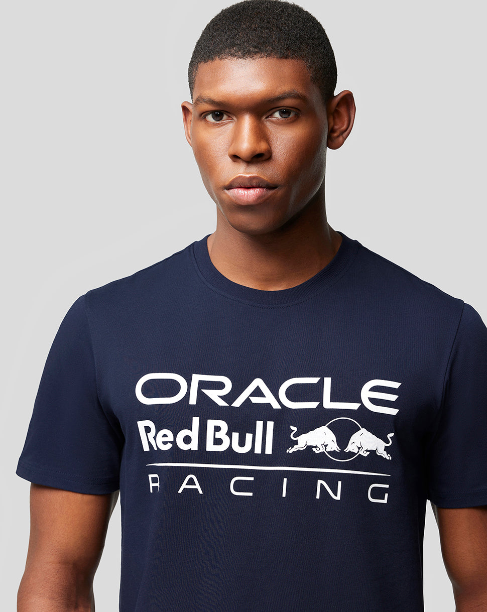 Front view of a Night Sky navy Oracle Red Bull Racing T shirt with a large white logo across the chest