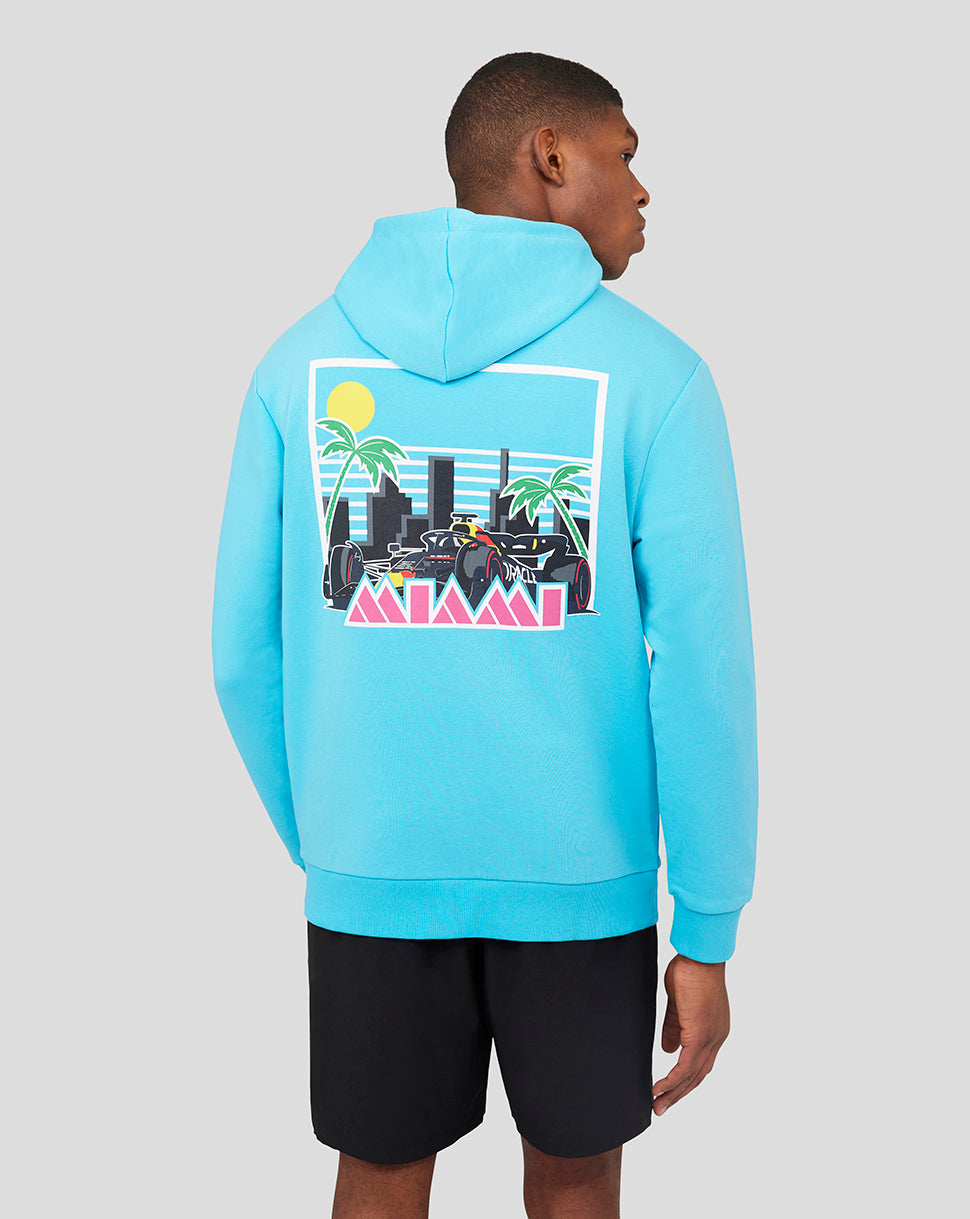 Back view of River Blue hoodie with large Miami graphic on the back showing a race car, palm trees and city skyline