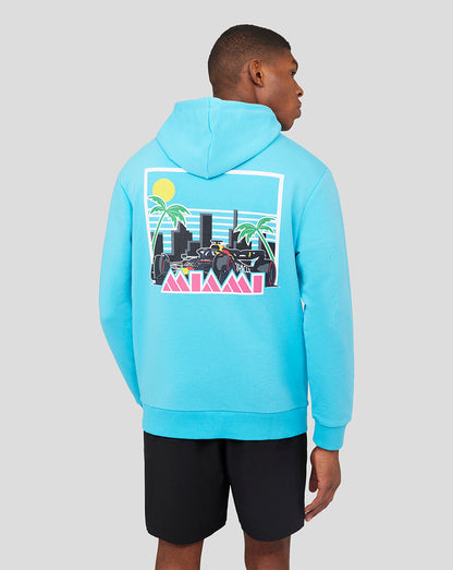Back view of River Blue hoodie with large Miami graphic on the back showing a race car, palm trees and city skyline