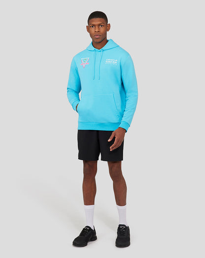 Male model in light blue hoodie featuring Oracle Red Bull Racing logos on the chest