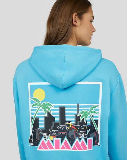 Back view of blue Oracle Red Bull Racing Miami hoodie featuring a colorful back graphic of a race car with cityscape