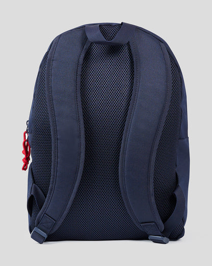 Back view of a navy Oracle Red Bull Racing backpack Night Sky with padded shoulder straps